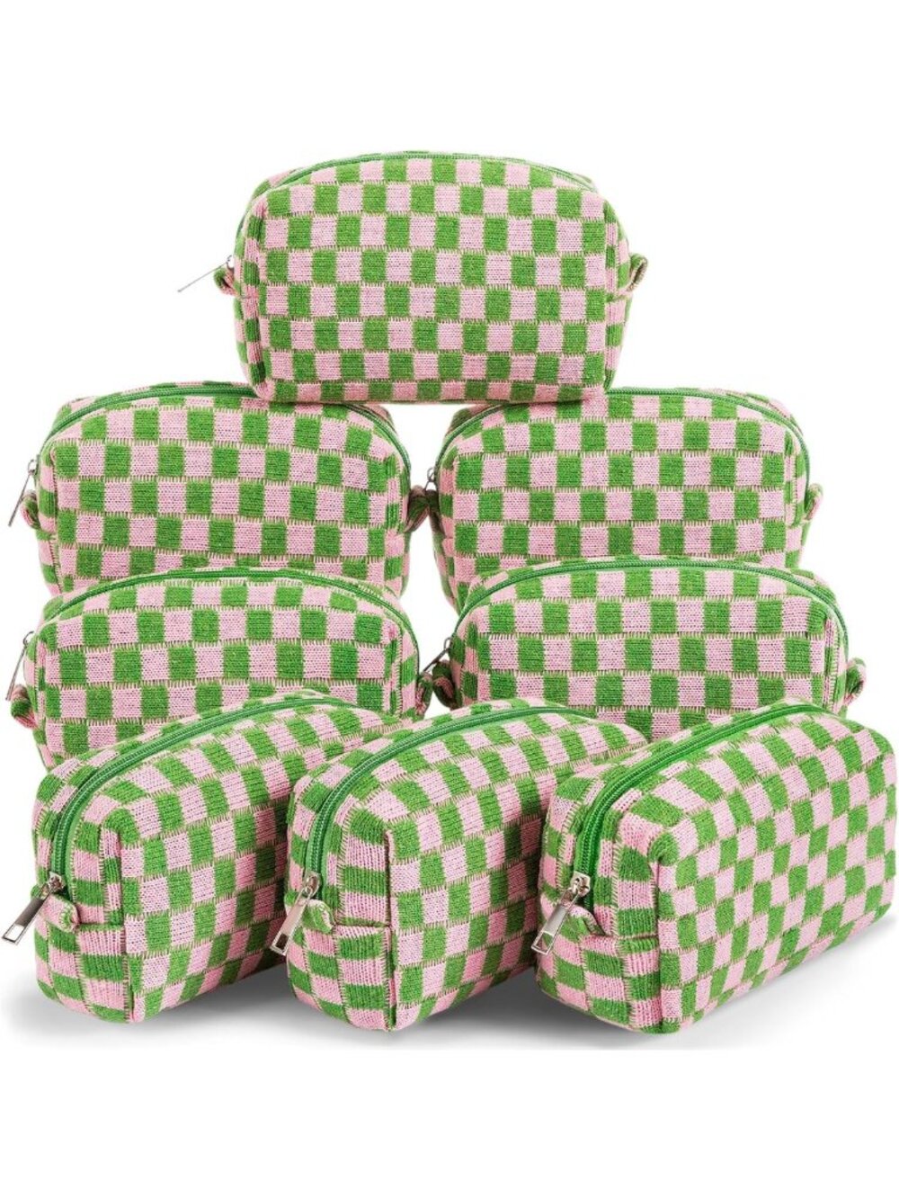 8 Pcs Checkered Makeup Bags Set | Small Cosmetic Pouches in Pink & Green